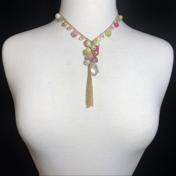 Pink Green Beaded Gold Tassel Necklace Earring Set - Picture 3 of 3